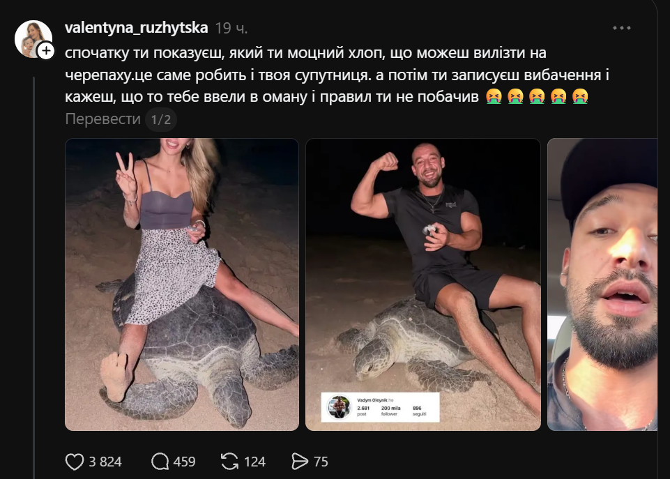 Українського туриста розкритикували у Threads за сидіння на морській черепасі в Омані фото